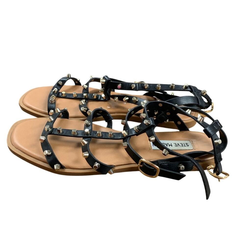 Steve Madden Womens Size 7.5 Black Studded Sandal Open Square Ankle Strap Shoes - Picture 3 of 4